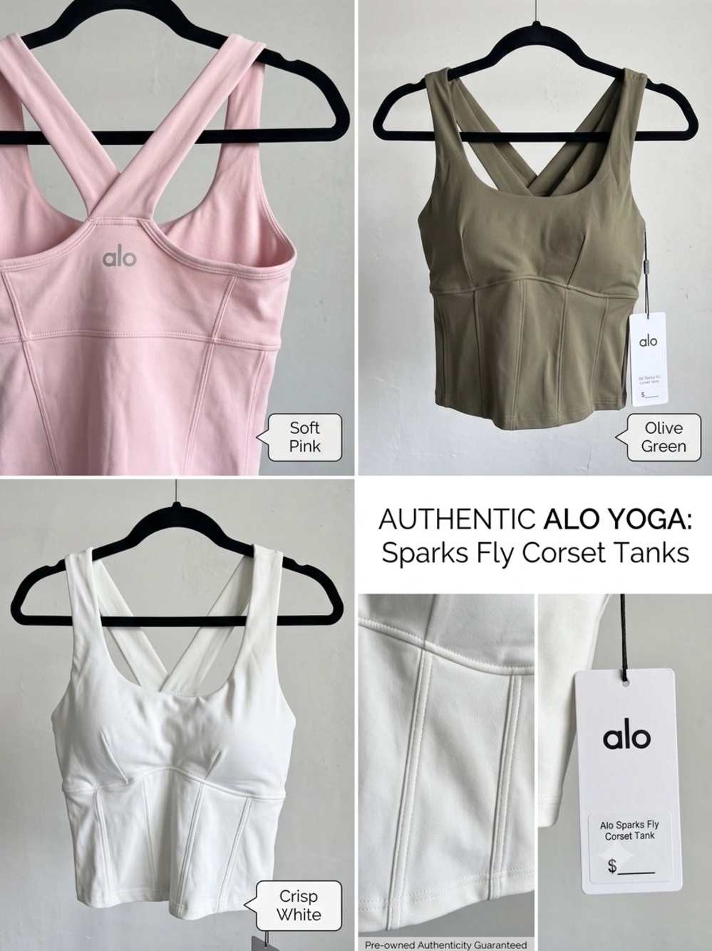 Alo yoga Sparks Fly Corset Tank vintage Pink / Olive Green / Crisp White nwt - Picture 1 of 14